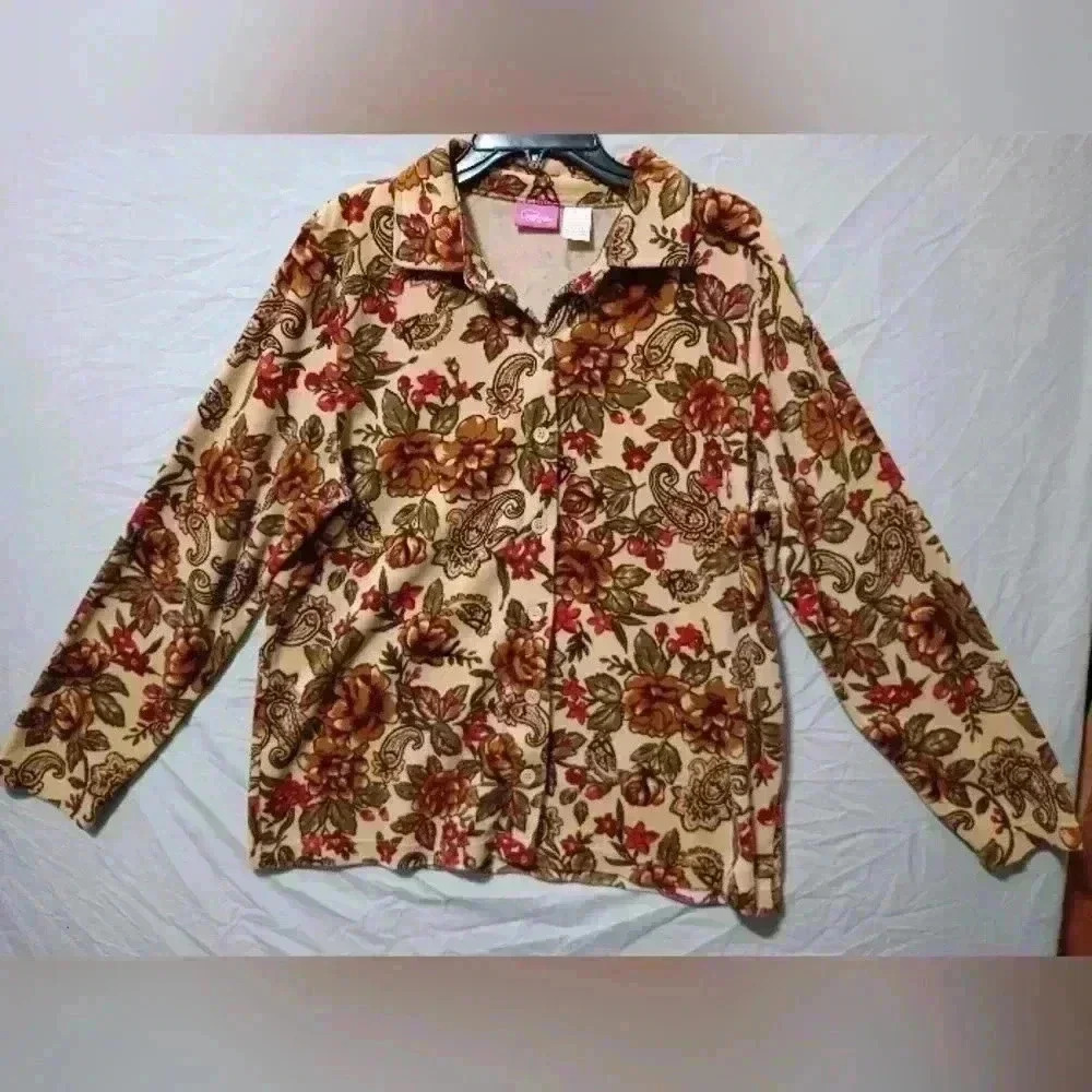 Pappagallo Women’s Vtg Velour Paisley Floral Button Up Blouse Size L Fall Autumn